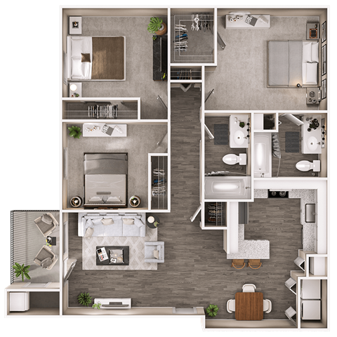 Floor plan for 3 beds, 2 baths, 1107 sqft